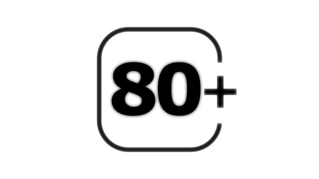 A black rounded square containing the number eighty followed by a plus sign isolated on a white background for age restriction labels