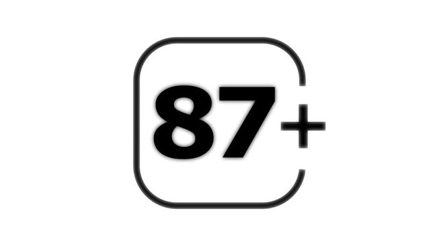 Black bold number eighty seven with a plus sign inside a rounded square frame on a white background for age restriction or rating indicator