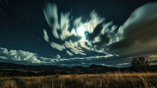 Full moon at night with moving clouds