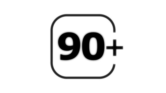 Black bold number ninety with a plus sign inside a rounded square frame on a white background for age restriction or rating indicator