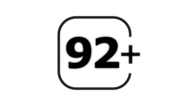 Black number ninety two with a plus sign inside a rounded square frame on a white background for age rating or classification labels