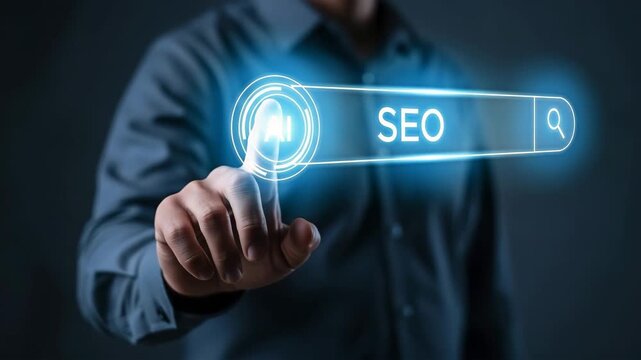 A person touches a digital screen displaying search engine optimization (SEO) concept for the idea of internet marketing.