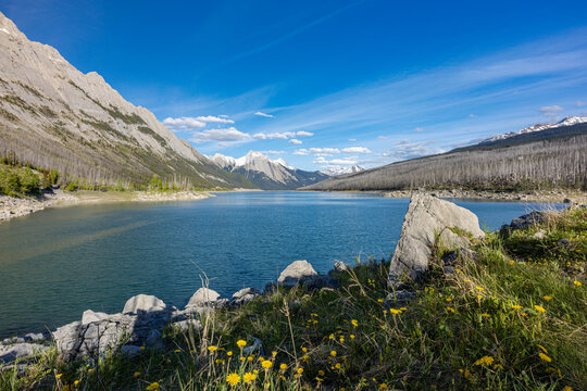 Medicine Lake Surrounded by Mountain Peaks, Jasper National Park