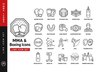 Fototapeta premium MMA and Boxing Line Icon Set with Fighting Gloves, Octagon Cage, Championship Belt and Training Equipment