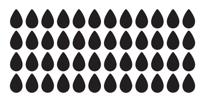 Collection of black teardrop shapes arranged in rows on grey background representing liquid or rain.