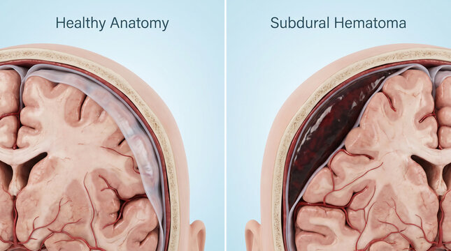 Cross Section of Healthy Brain and Subdural Hematoma