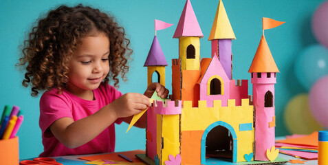Fototapeta premium Curly hair girl builds colorful paper castle. Creative toddler makes cardboard fortress for hobby project. Happy kid works on diy school task with glue, scissors. Small student learns art craft