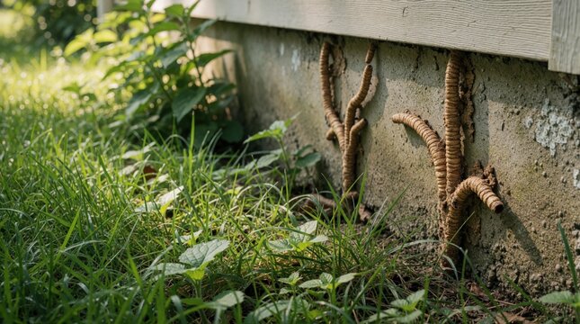 Subterranean termite mud tubes climb concrete wall of residential house foundation. Brown insect tunnels appear on exterior surface near green grass lawn. Pest control inspection expert identifies