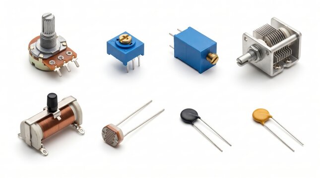 Collection of Eight Variable and Sensing Electronic Components on a Seamless White Background