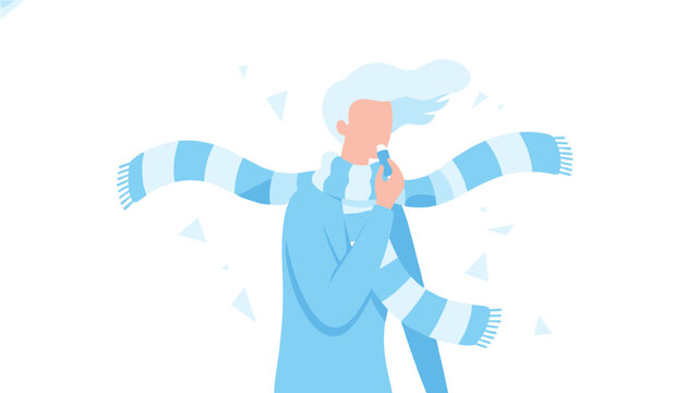 Person wearing a blue striped scarf and sweater applying lip balm on a cold and windy winter day.