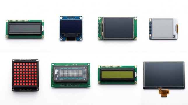Eight Different Electronic Display Modules and Screens Flat Lay on White Background