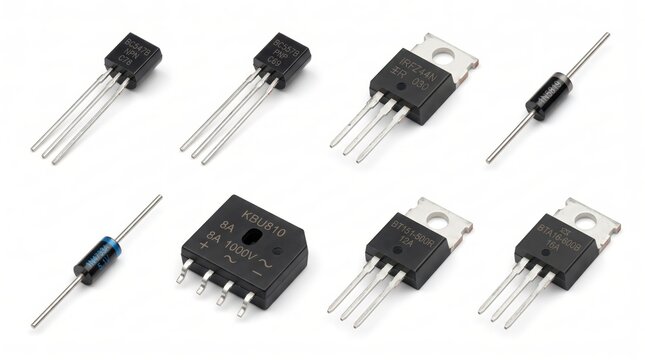 Eight Discrete Semiconductor Electronic Components Arranged on a White Background