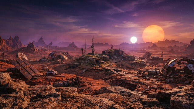 Futuristic science fiction Martian base colony landscape with two glowing suns in the sky