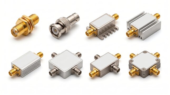 Professional RF and Microwave Electronic Components for Telecommunications on White Background
