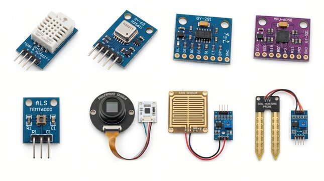 Professional Studio Flat Lay of Eight Electronic Sensor Modules for Robotics and IoT