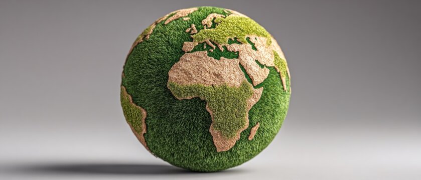 Sustainable world: grass-covered globe on pristine background. Luxury apparel. Eco-focused earth sphere with delicate grass on light cream. Designer fashion. Premium design.