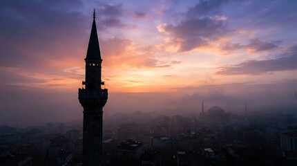 Obraz premium Historic European Church Tower and Cathedral Steeple Silhouette at Sunset with Dramatic Clouds Over the City Skyline