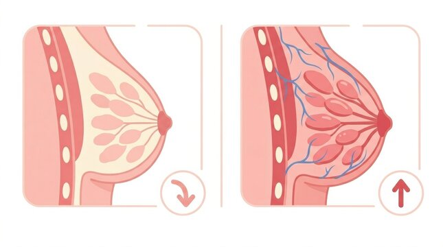 Visual guide shows stages of breast engorgement during pregnancy and newborn periods. It illustrates changes in milk ducts and blood flow.