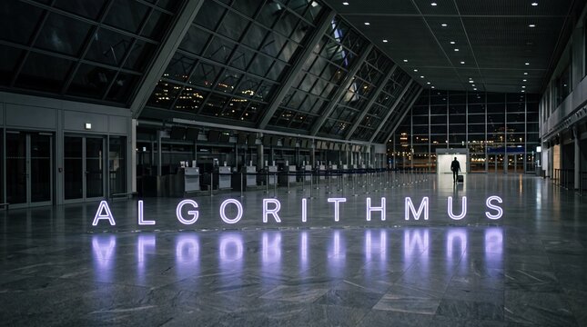 Leuchtender Algorithmus Schriftzug schwebt in Halbtotale in einem leeren Flughafenterminal bei Nacht