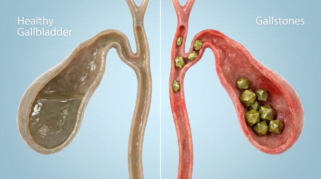 Healthy Gallbladder and Gallstones Cholelithiasis 3D Medical Illustration