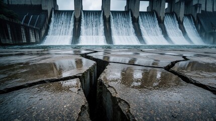 Naklejka na ściany i meble Massive dam structure with water spilling over. Cracked concrete foreground shows wear and tear. Shows powerful nature and engineering impact.