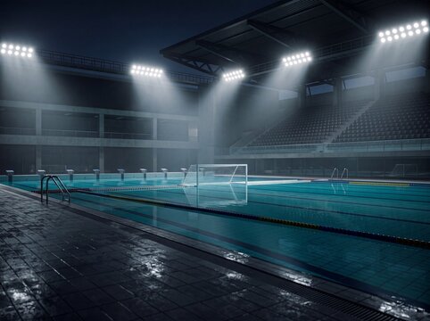 Nahaufnahme eines leeren Wasserballbeckens in einer Arena bei Nacht mit ruhiger t&uuml;rkiser Wasseroberfl&auml;che und Flutlicht