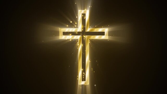 Divine golden cross symbol shines with lens flare and glittering particles in darkness, perfect for church presentations and religious ceremony backgrounds