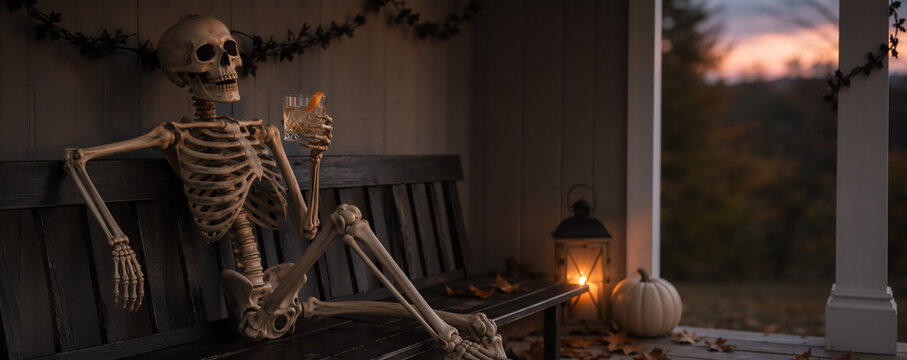 Skeleton sitting on porch bench holding a glass of cocktail during Halloween. Cozy home outdoor setting with pumpkin lantern light at sunset. Spooky autumn holiday celebration concept.