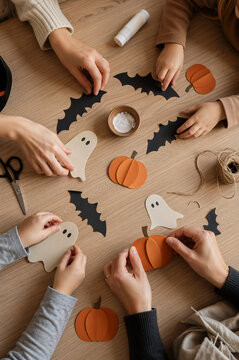 Family with mother and child making paper crafts for Halloween. Group hands cutting and gluing pumpkins ghosts and bats at table. Creative decoration activity for holiday preparation.
