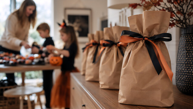 Family preparing for Halloween. Mother with kid son and daughter arranging treats in paper bag with ribbon on table. Festive autumn holiday decoration setup in cozy home interior.