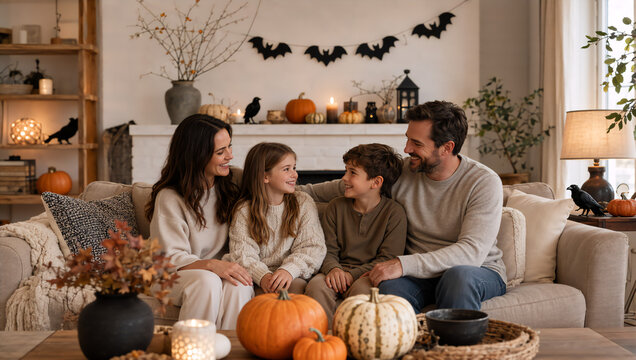 Happy family sitting on sofa in living room decorated for Halloween. Mother father daughter and son smiling together at home. Seasonal interior with pumpkins and holiday celebration.