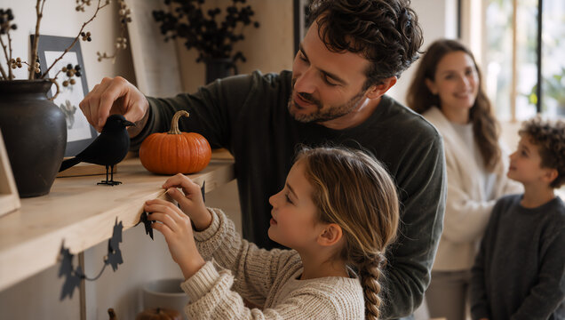 Father and daughter decorating shelf with pumpkin and bird for Halloween. Happy family preparing home for holiday. Parents and children spending time together in cozy living room interior.