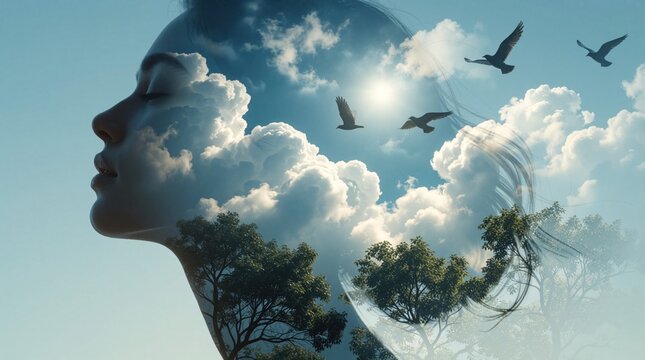 Double exposure portrait of young woman silhouette. Profile view face blends with blue sky clouds, green trees. Flying birds soar above bright sun light. Mental health mindfulness meditation wellness