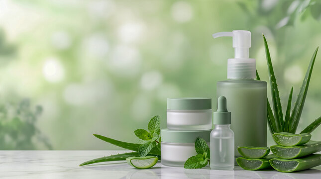 Organic skincare product set with aloe vera leaves and mint on a white marble surface. Frosted glass bottles and jars for natural beauty routine against a blurred green background