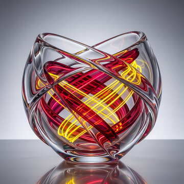 Elegant hand-blown glass bowl featuring vibrant red and yellow abstract ribbons inside, set against a clean studio background with a soft reflection