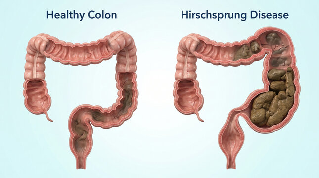 Healthy Colon vs Hirschsprung Disease Megacolon 3D Medical Illustration
