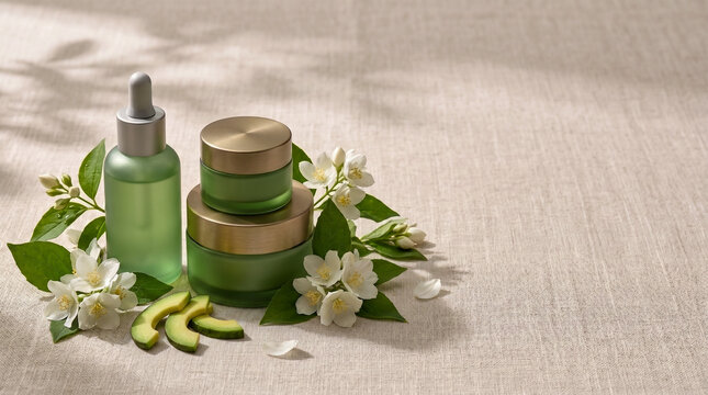 Natural organic skincare products featuring a serum dropper bottle and cream jars with avocado slices and jasmine flowers on a linen background with soft shadows