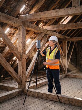 Bauingenieurin richtet in Untersicht einen 3D-Laserscanner im historischen Dachstuhl aus zur Geb&auml;udevermessung