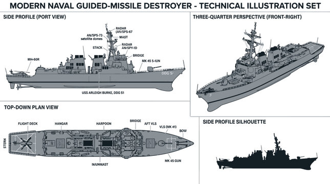 Modern Naval Guided-Missile Destroyer Technical Illustration Set