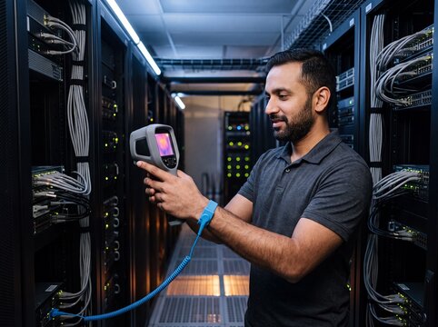 IT-Techniker scannt in Halbnah-Ansicht ein Serverrack im Rechenzentrum mit einer W&auml;rmebildkamera zur Temperaturdiagnose