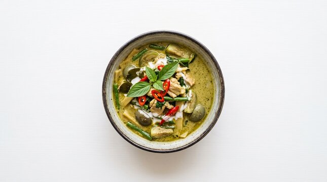 Authentic Thai Green Curry (Kaeng Khiao Wan) with Chicken, Thai Eggplant and Fresh Basil in Bowl on White Background, Top View with Copy Space