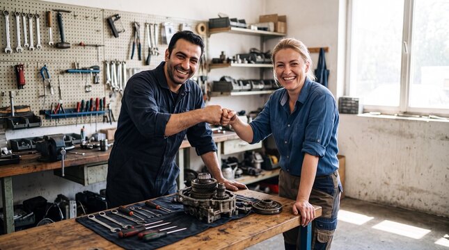 Mechaniker und Mechanikerin machen in der Werkstatt einen Fauststo&szlig; nach erfolgreicher Reparatur in Halbtotale