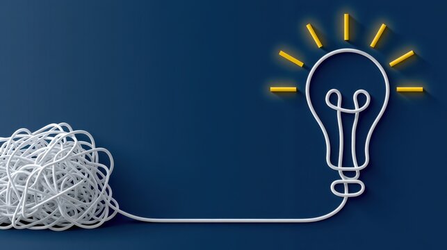 A tangled white wire forming into a glowing light bulb. Conceptual image for creative problem solving and innovation.