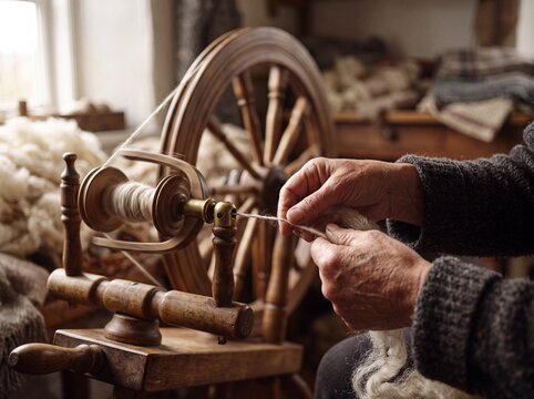 &Auml;ltere Frau spinnt Wolle am traditionellen h&ouml;lzernen Spinnrad in Halbtotale mit Fensterlicht