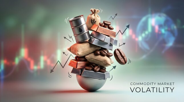 Commodity market volatility with stacked commodities and financial chart.