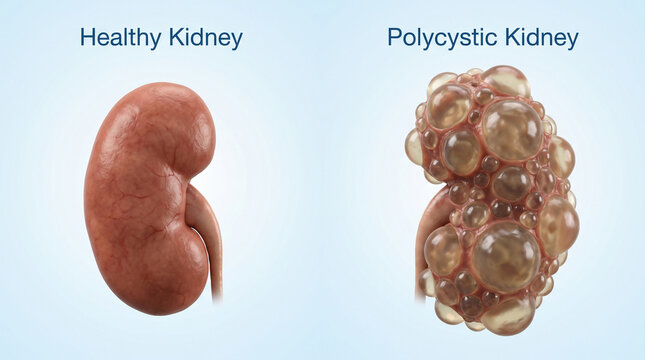 3D Comparison Showing Healthy Kidney and Polycystic Kidney Disease
