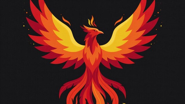 Stylized vector illustration of a mythical firebird soaring with wings spread wide with against dark background