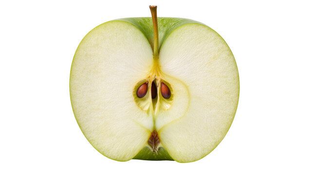 Isolated fresh green apple cut in half revealing the inner core structure and brown seeds