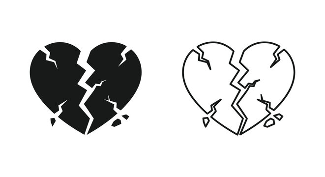 Set of two broken heart icons featuring a solid black silhouette and a simple hand drawn outline style