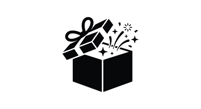 Black and white icon of an open gift box with sparkling stars and festive celebration elements